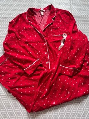 Victoria's Secret Red Satin Polka Dot Pajama Set with White Trim. Size XL